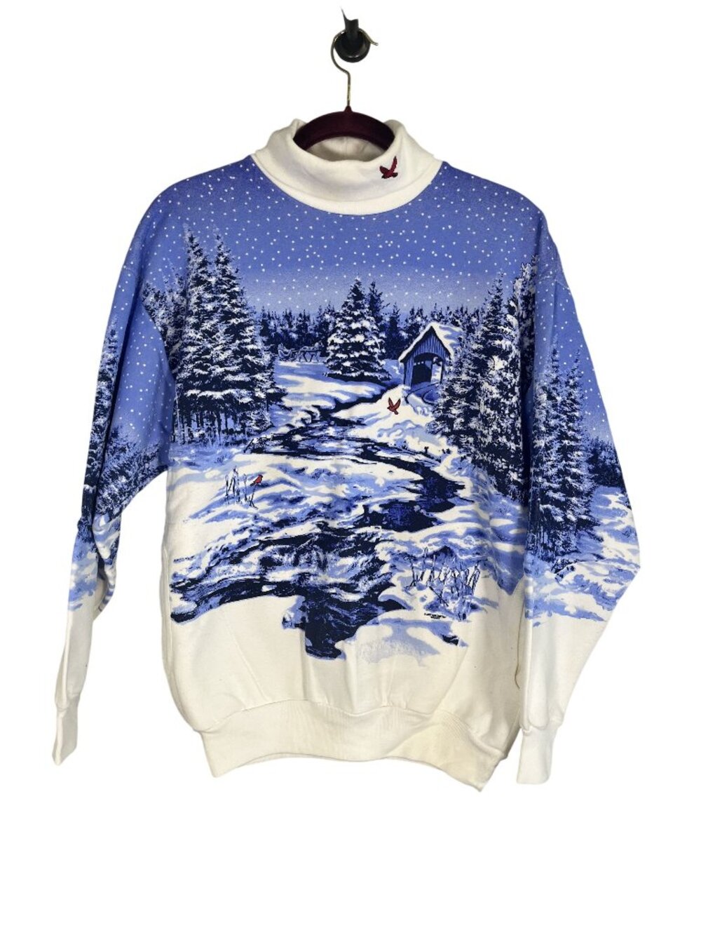 Vintage Winter Scenery Sweatshirt Blue M Cardinal Festive Holiday Christmas Chic